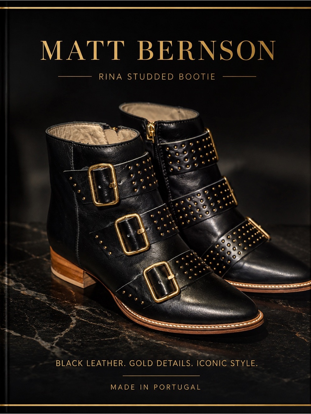 Matt Bernson Rina Studded Buckle Booties Black Gold Leather Ankle Boots Size 6.5